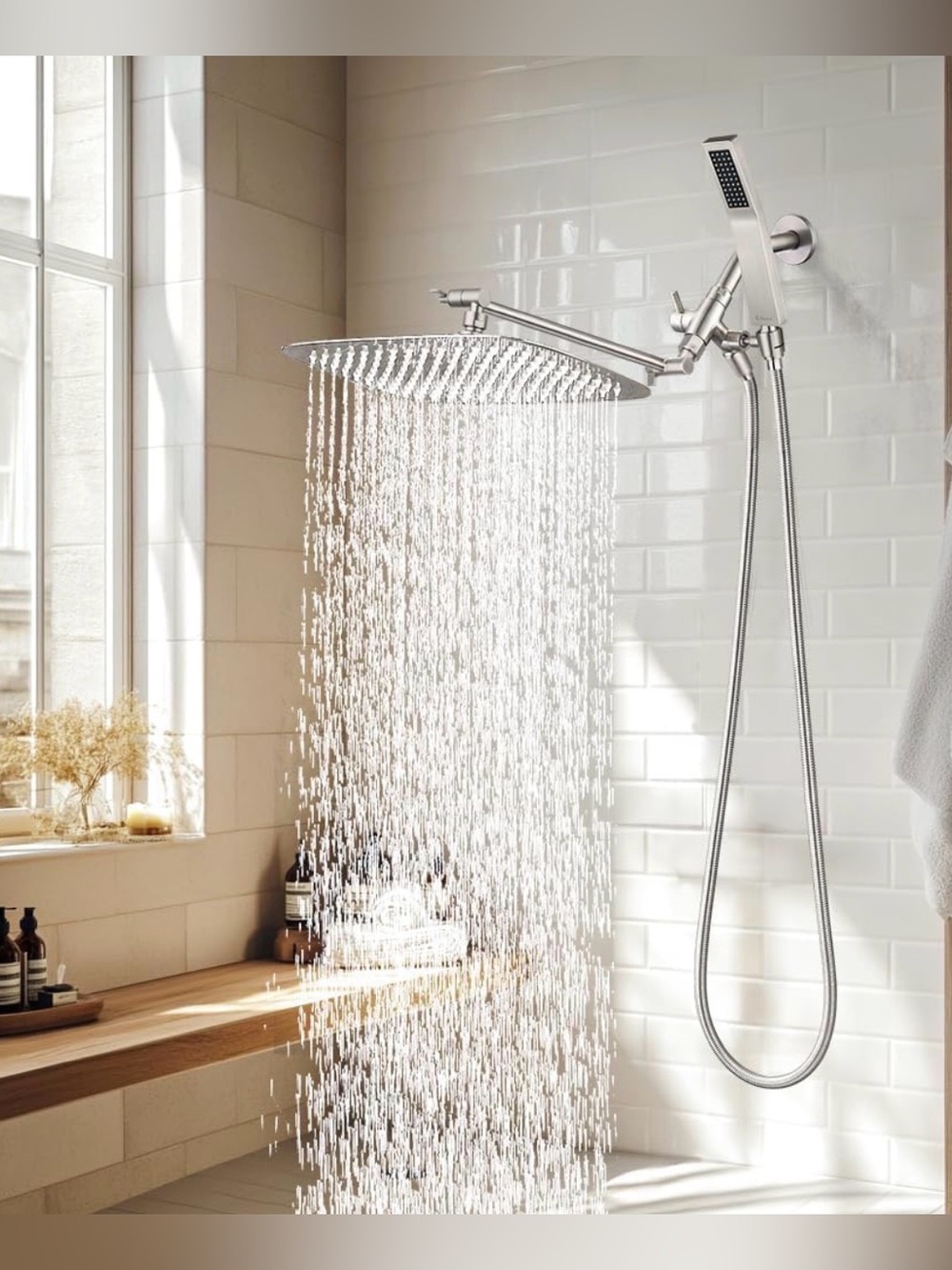 Stainless Steel Rainfall 14 Inch Shower Head with Handheld Wand - Sleek Chrome